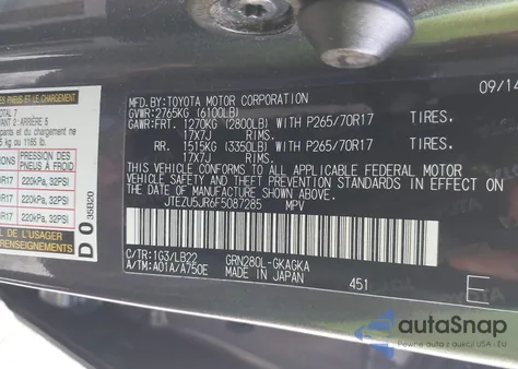 2015 Toyota 4Runner Sr5 Premium z USA, uszkodzony, nr VIN JTEZU5JR6F5087285